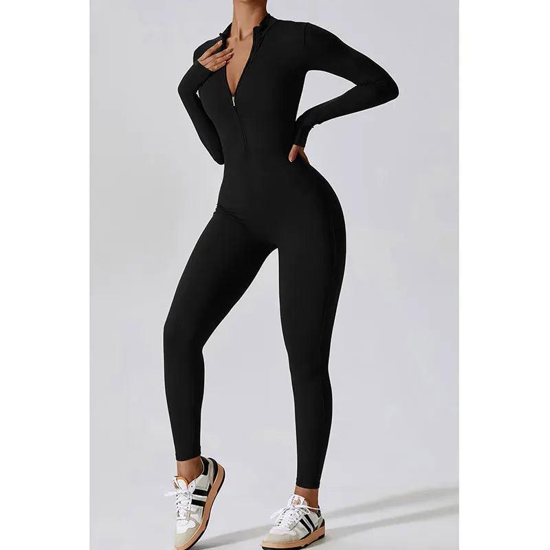 Women Jumpsuits One-Piece Suit Zipper Long Sleeved Yoga Set Gym Push Up