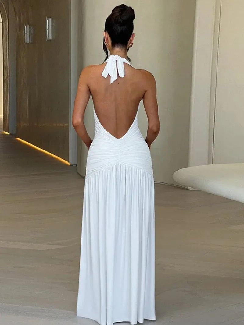 Women's Summer Deep V-neck High Waist Folds Long Dress Halter Neck Bandage Backless Tunics Split White Party Evening Dresses