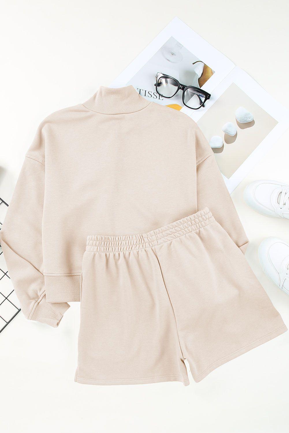 Apricot Casual High Neck Henley Top and Short Outfit - Yara fashion  95977277 Apricot Casual High Neck Henley Top and Short Outfit 