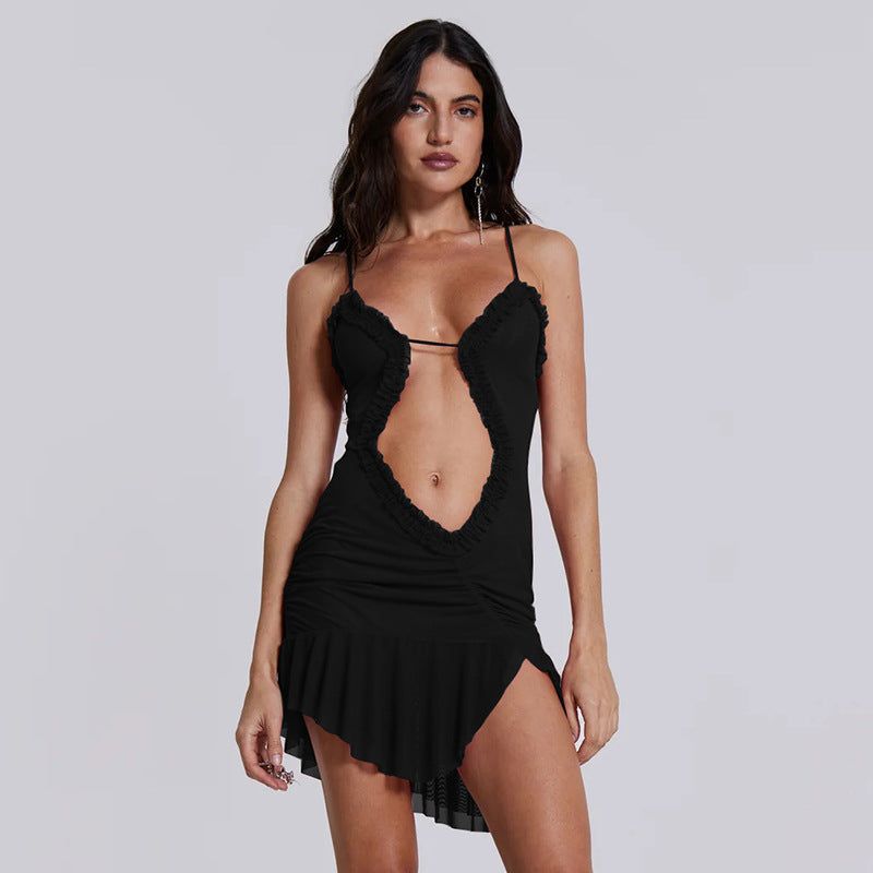 Arrival Backless Dress Sexy Trend Mesh Splicing Sling Cropped Outfit Short Dress for Women - Yara fashion  65582628 Arrival Backless Dress Sexy Trend Mesh Splicing Sling Cropped Outfit Short Dress for Women 