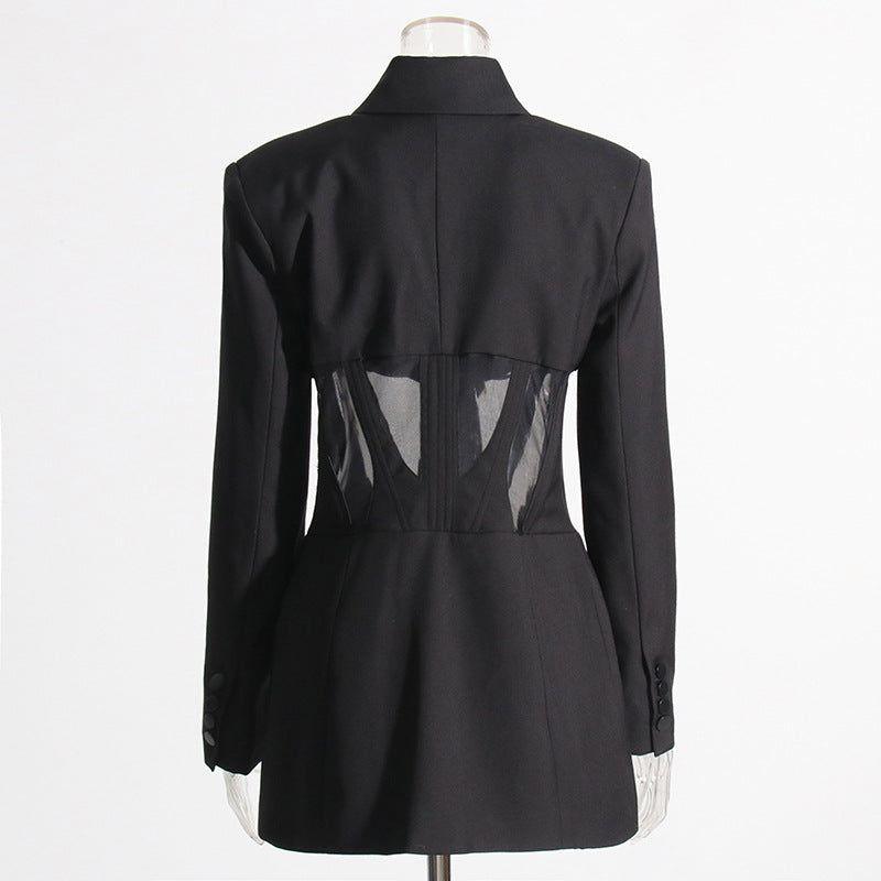 Autumn Boning Corset Waist Mesh Stitching See Through Design Blazer Mid Length Blazers - Yara fashion  54034703 Autumn Boning Corset Waist Mesh Stitching See Through Design Blazer Mid Length Blazers 