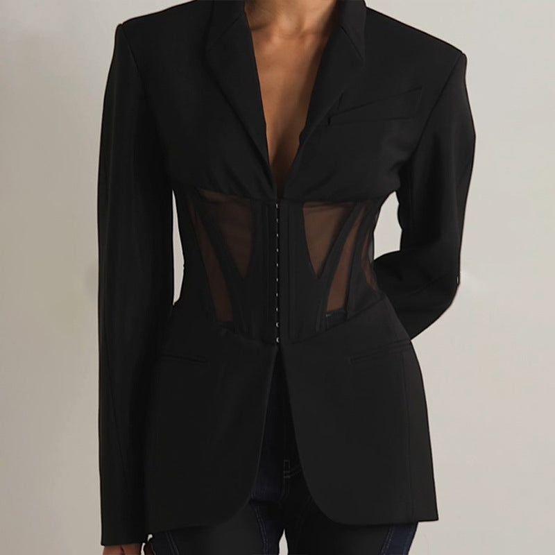 Autumn Boning Corset Waist Mesh Stitching See Through Design Blazer Mid Length Blazers - Yara fashion  92669050 Autumn Boning Corset Waist Mesh Stitching See Through Design Blazer Mid Length Blazers 