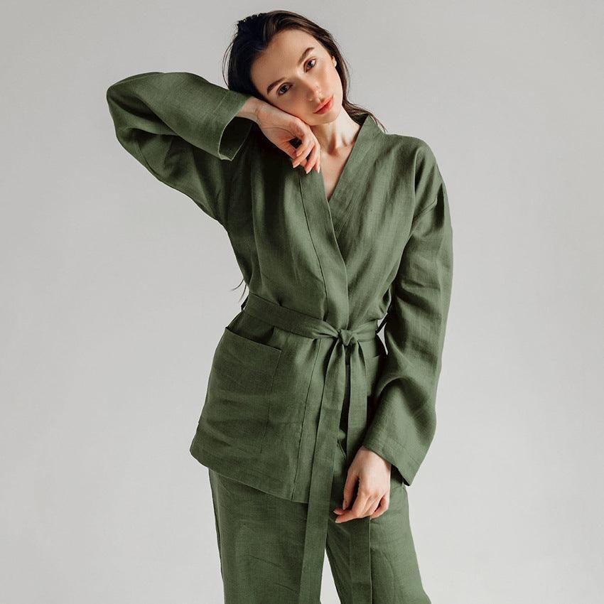 Autumn Cotton Linen Long Sleeve Nightgown Trousers Cotton Waist Band Comfortable Homewear Pajamas Women Can Wear outside - Yara fashion  40078697 Autumn Cotton Linen Long Sleeve Nightgown Trousers Cotton Waist Band Comfortable Homewear Pajamas Women Can Wear outside 