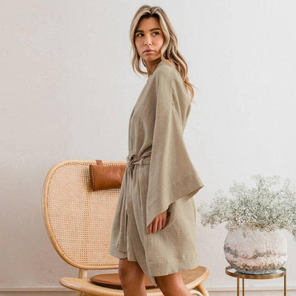 Autumn Cotton Loose Comfortable Skin Friendly Simple Solid Color Tied Nightgown Home Wear for Women - Yara fashion  98772995 Autumn Cotton Loose Comfortable Skin Friendly Simple Solid Color Tied Nightgown Home Wear for Women 