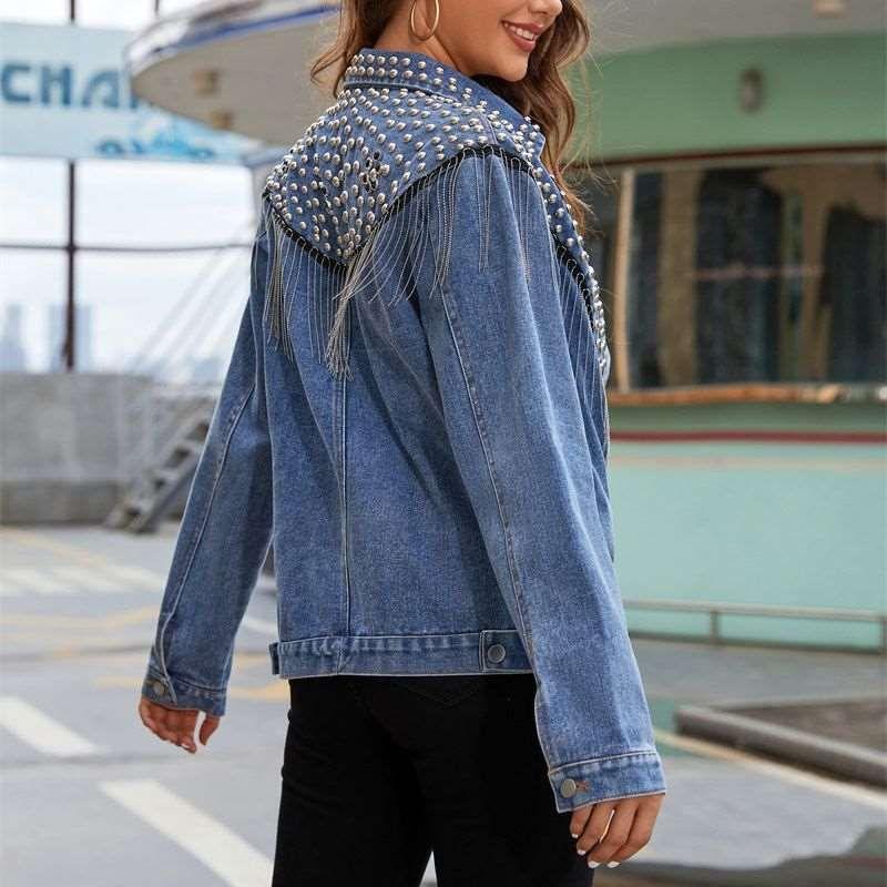 Autumn Heavy Industry Rivets Tassel Short Denim Jacket Women - Yara fashion  63451694 Autumn Heavy Industry Rivets Tassel Short Denim Jacket Women 