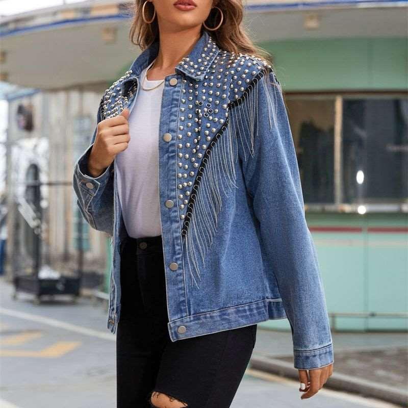 Autumn Heavy Industry Rivets Tassel Short Denim Jacket Women - Yara fashion  29894784 Autumn Heavy Industry Rivets Tassel Short Denim Jacket Women 