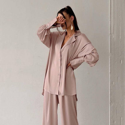 Autumn Ice Silk Skin Friendly Cardigan Homewear Two Piece Casual Long Sleeve Pants Textured Women - Yara fashion  74658173 Autumn Ice Silk Skin Friendly Cardigan Homewear Two Piece Casual Long Sleeve Pants Textured Women 