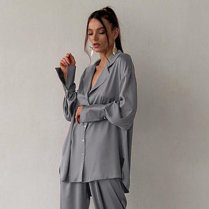 Autumn Ice Silk Skin Friendly Cardigan Homewear Two Piece Casual Long Sleeve Pants Textured Women - Yara fashion  11430798 Autumn Ice Silk Skin Friendly Cardigan Homewear Two Piece Casual Long Sleeve Pants Textured Women 