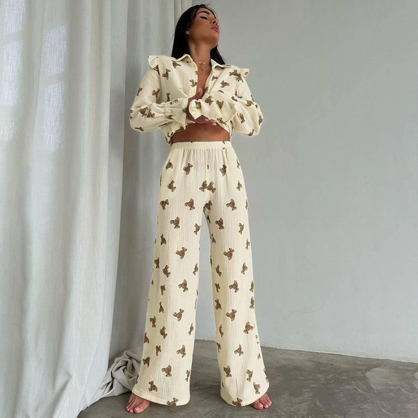 Autumn Japanese Bear Printed Loose Long Sleeves Pyjamas Two Piece Set - Yara fashion  13624668 Autumn Japanese Bear Printed Loose Long Sleeves Pyjamas Two Piece Set 