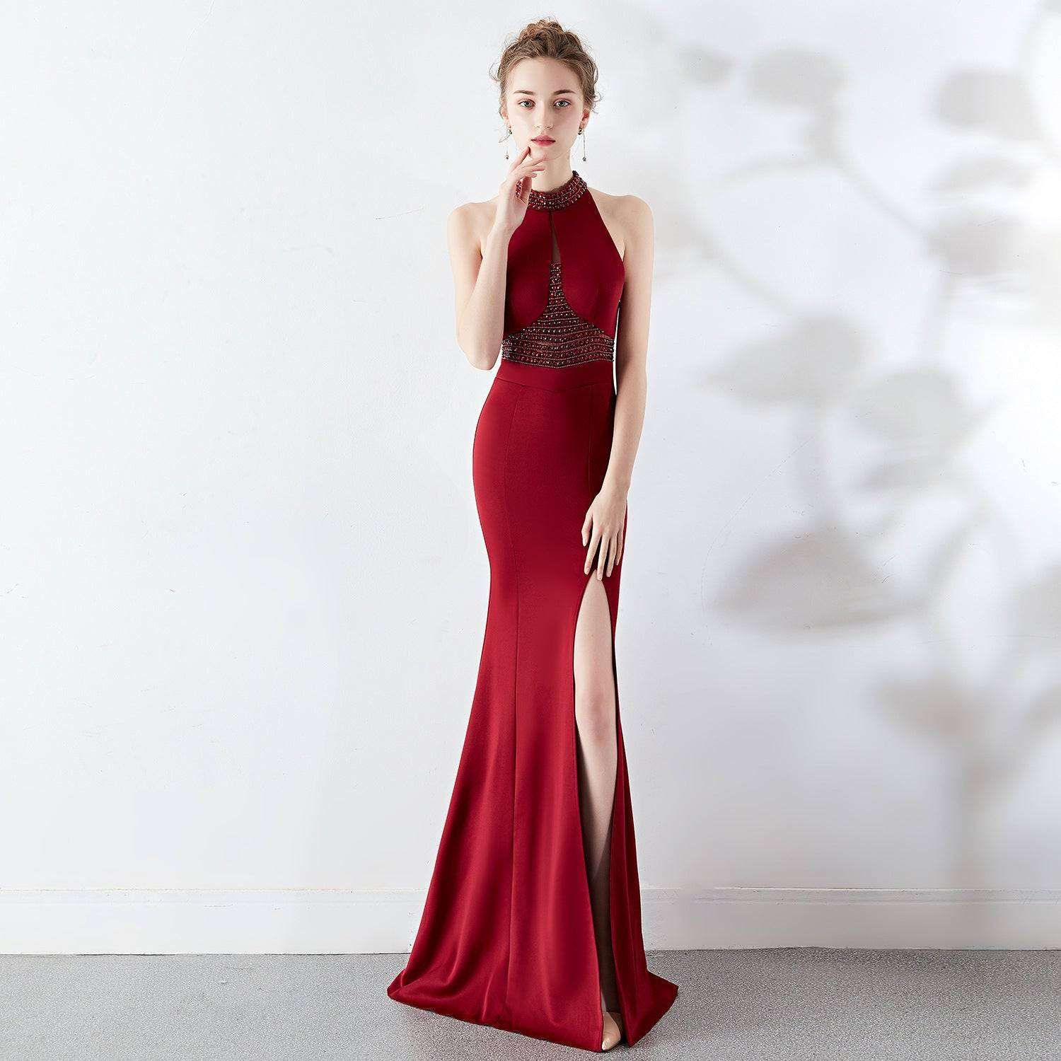 Autumn Long Red Fishtail Halter Wedding Banquet Evening Dress Dress Formal Gown - Yara fashion  73423723 Autumn Long Red Fishtail Halter Wedding Banquet Evening Dress Dress Formal Gown 