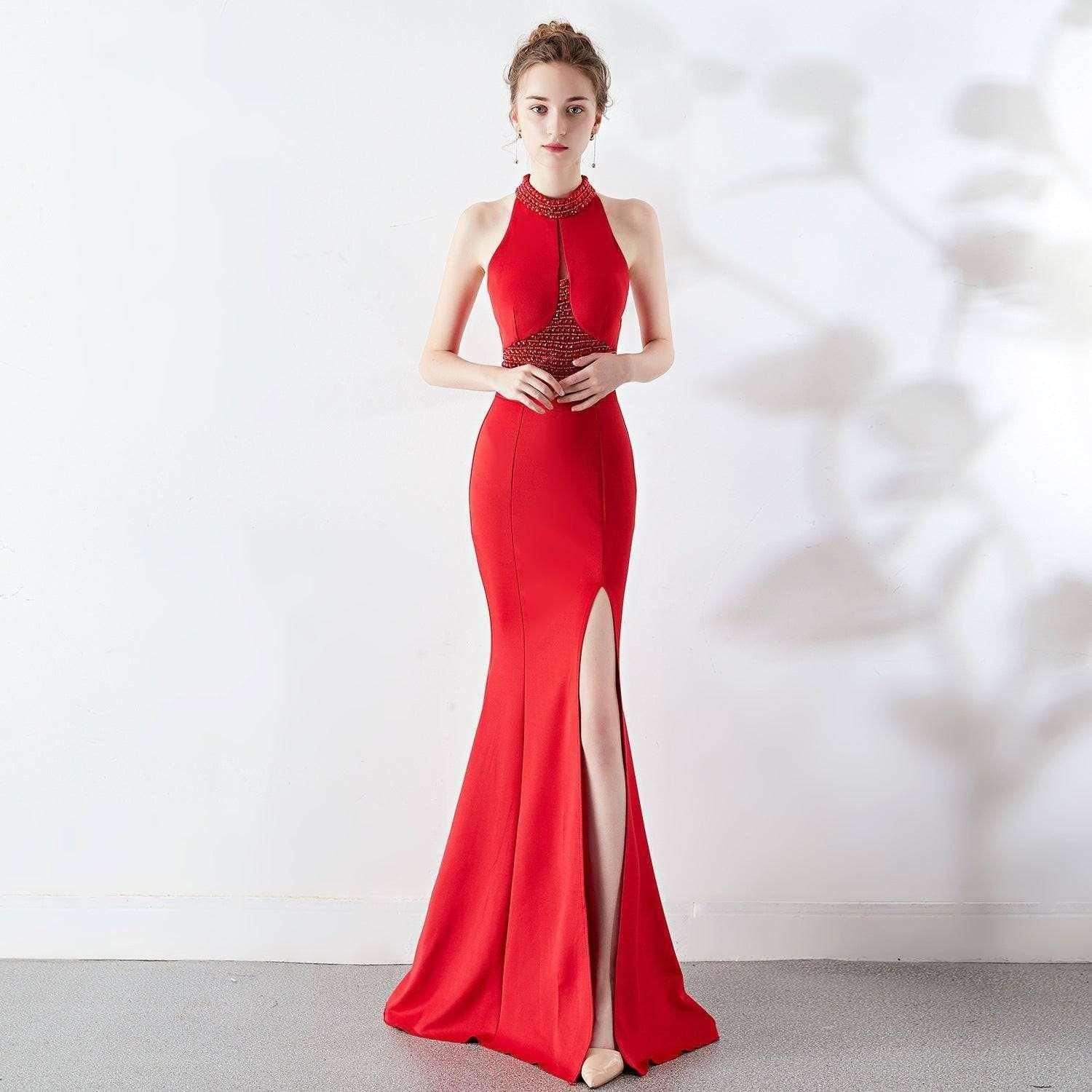 Autumn Long Red Fishtail Halter Wedding Banquet Evening Dress Dress Formal Gown - Yara fashion  31542763 Autumn Long Red Fishtail Halter Wedding Banquet Evening Dress Dress Formal Gown 