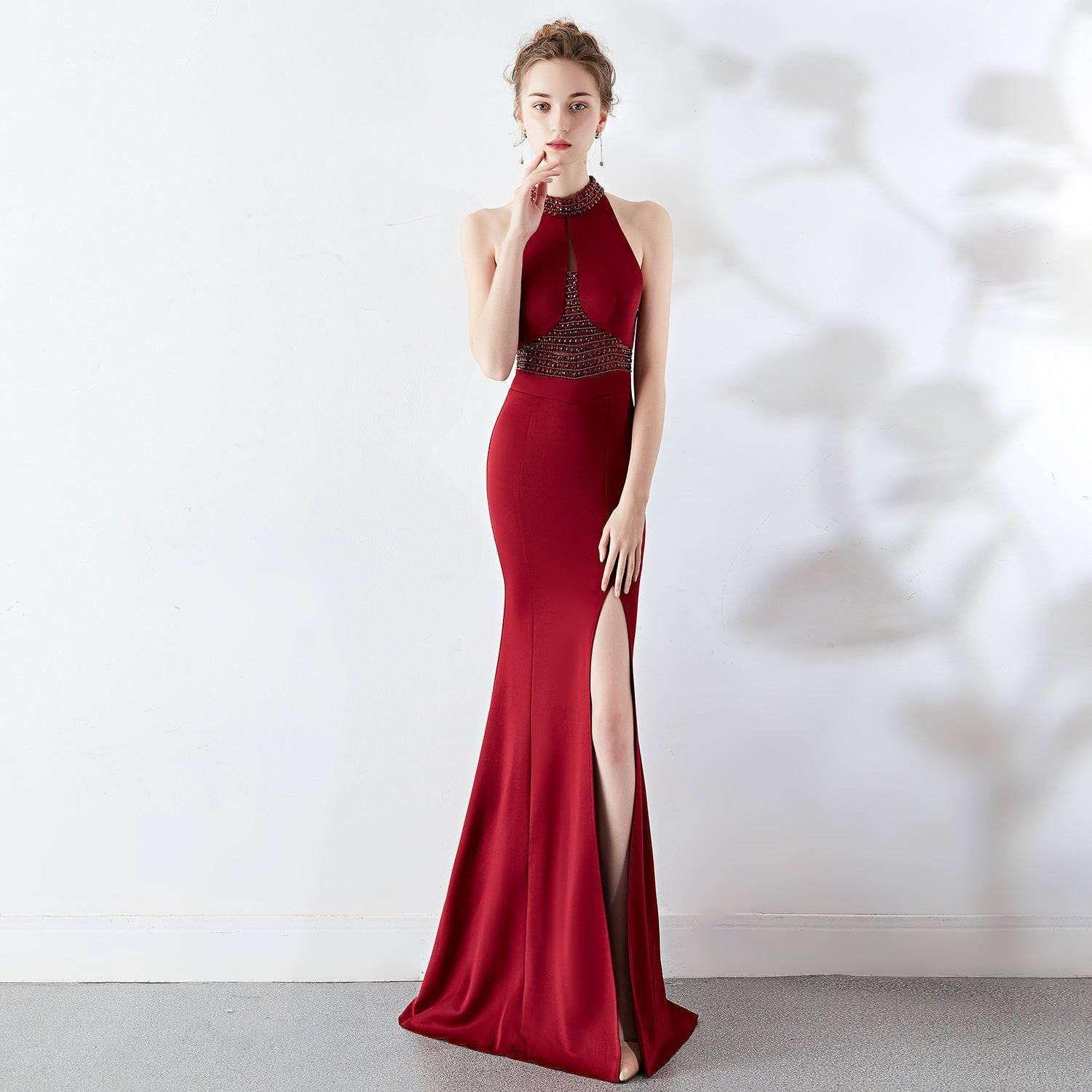 Autumn Long Red Fishtail Halter Wedding Banquet Evening Dress Dress Formal Gown - Yara fashion  63300176 Autumn Long Red Fishtail Halter Wedding Banquet Evening Dress Dress Formal Gown 