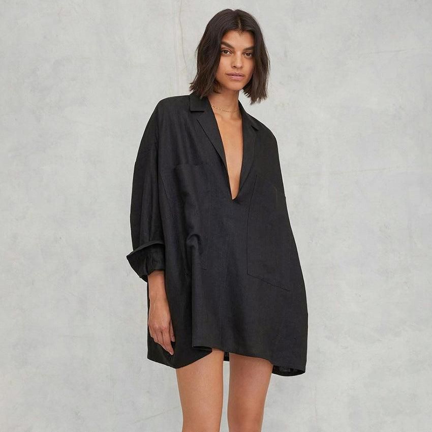 Autumn Sexy Deep V Plunge Nightdress Pure Cotton Black Loose Casual Short Pocket Women Home Wear - Yara fashion  71006682 Autumn Sexy Deep V Plunge Nightdress Pure Cotton Black Loose Casual Short Pocket Women Home Wear 