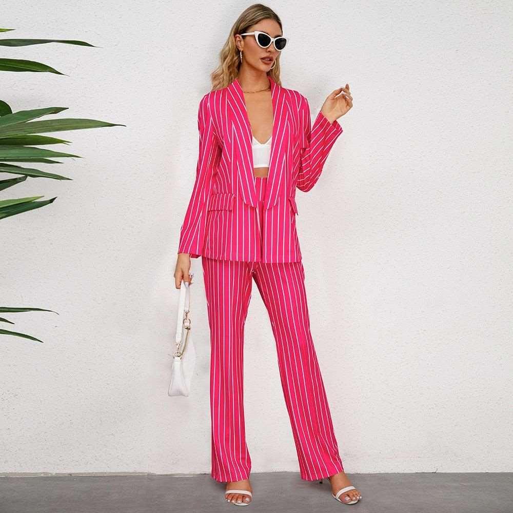 Autumn Winter Casual Striped Blazer Straight Wide Leg Pants Suit Two Piece Suit - Yara fashion  67039622 Autumn Winter Casual Striped Blazer Straight Wide Leg Pants Suit Two Piece Suit 