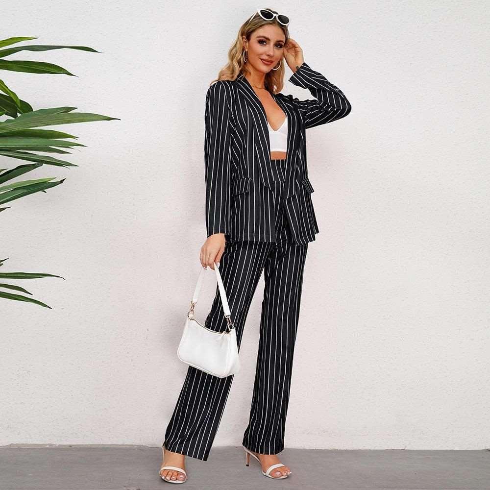 Autumn Winter Casual Striped Blazer Straight Wide Leg Pants Suit Two Piece Suit - Yara fashion  60199503 Autumn Winter Casual Striped Blazer Straight Wide Leg Pants Suit Two Piece Suit 