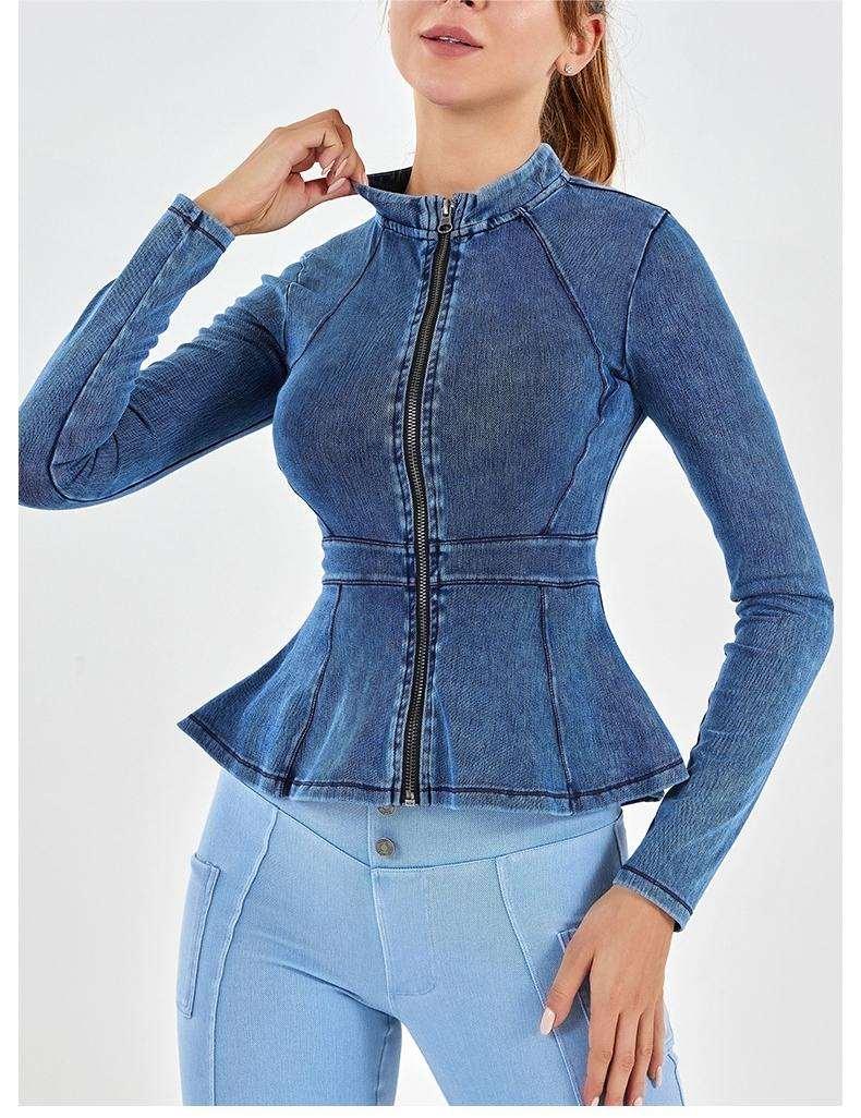 Autumn Winter Denim Yoga Zipper Coat High Collar Slimming A Line Hem Sports Outerwear Fitness Long Sleeved Upper Garment - Yara fashion  52450039 Autumn Winter Denim Yoga Zipper Coat High Collar Slimming A Line Hem Sports Outerwear Fitness Long Sleeved Upper Garment 