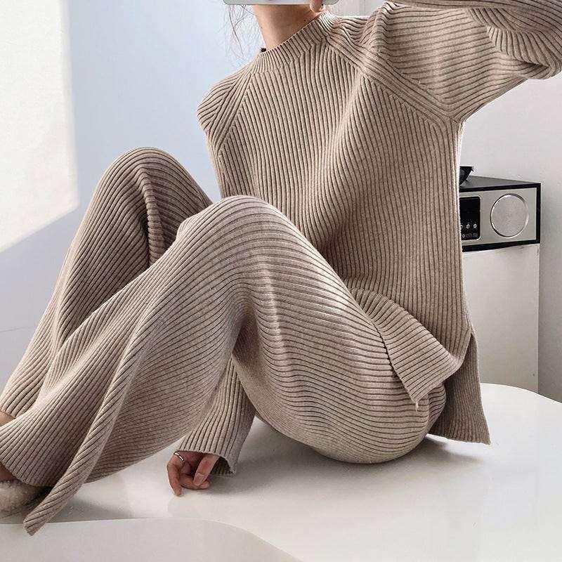 Autumn Winter Fashionable with Side Slit Sweater Suit Thickened Knitting Wide Leg Pants Two Piece Set Female - Yara fashion  32862817 Autumn Winter Fashionable with Side Slit Sweater Suit Thickened Knitting Wide Leg Pants Two Piece Set Female 