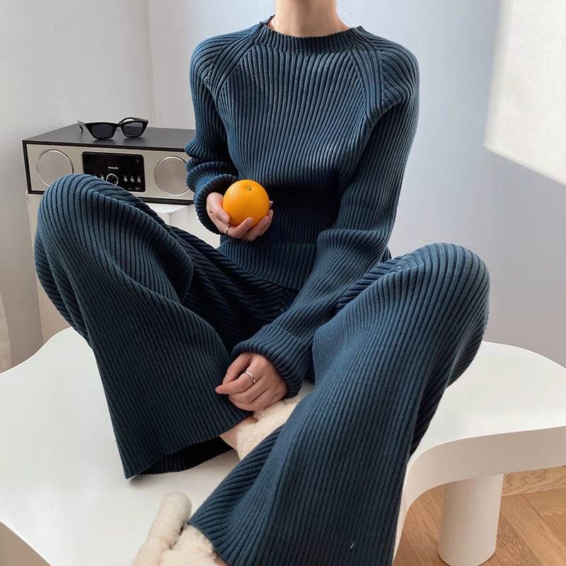 Autumn Winter Fashionable with Side Slit Sweater Suit Thickened Knitting Wide Leg Pants Two Piece Set Female - Yara fashion  66196333 Autumn Winter Fashionable with Side Slit Sweater Suit Thickened Knitting Wide Leg Pants Two Piece Set Female 