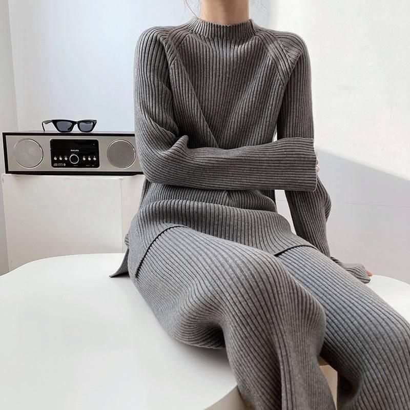 Autumn Winter Fashionable with Side Slit Sweater Suit Thickened Knitting Wide Leg Pants Two Piece Set Female - Yara fashion  72078505 Autumn Winter Fashionable with Side Slit Sweater Suit Thickened Knitting Wide Leg Pants Two Piece Set Female 