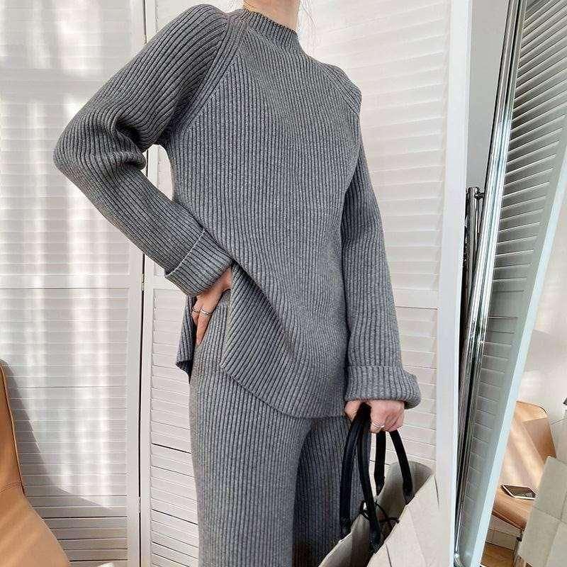 Autumn Winter Fashionable with Side Slit Sweater Suit Thickened Knitting Wide Leg Pants Two Piece Set Female - Yara fashion  12923065 Autumn Winter Fashionable with Side Slit Sweater Suit Thickened Knitting Wide Leg Pants Two Piece Set Female 