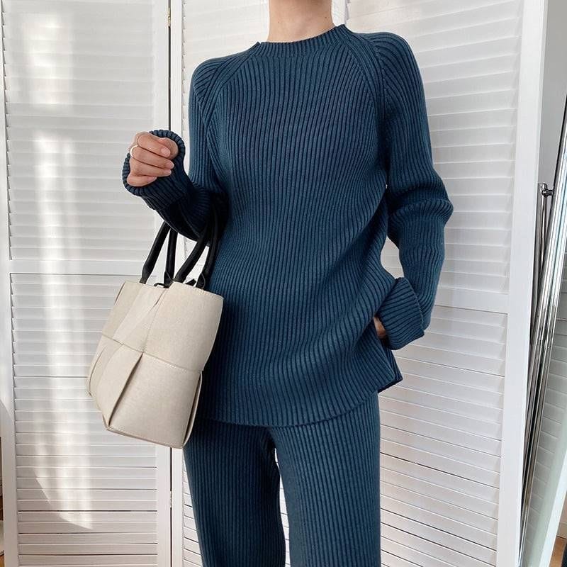 Autumn Winter Fashionable with Side Slit Sweater Suit Thickened Knitting Wide Leg Pants Two Piece Set Female - Yara fashion  18826402 Autumn Winter Fashionable with Side Slit Sweater Suit Thickened Knitting Wide Leg Pants Two Piece Set Female 