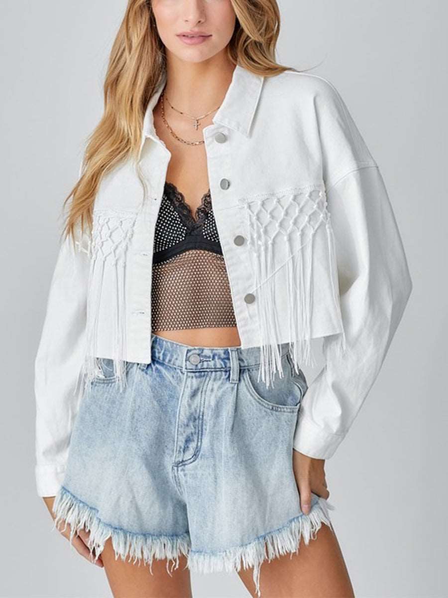 Autumn Winter Tassel Short Denim Jacket Alphabet Jacket Top Women Clothing - Yara fashion  83459771 Autumn Winter Tassel Short Denim Jacket Alphabet Jacket Top Women Clothing 