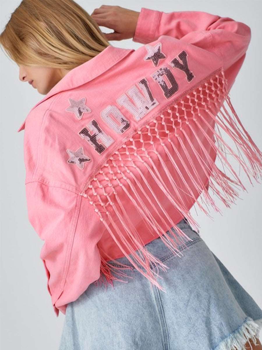 Autumn Winter Tassel Short Denim Jacket Alphabet Jacket Top Women Clothing - Yara fashion  40948444 Autumn Winter Tassel Short Denim Jacket Alphabet Jacket Top Women Clothing 