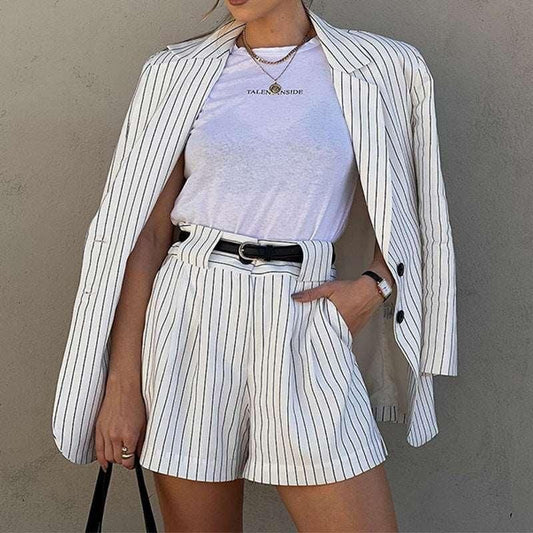 Autumn Women Fashionable Striped Long Sleeve Shorts Two Piece Set - Yara fashion  23748637 Autumn Women Fashionable Striped Long Sleeve Shorts Two Piece Set 