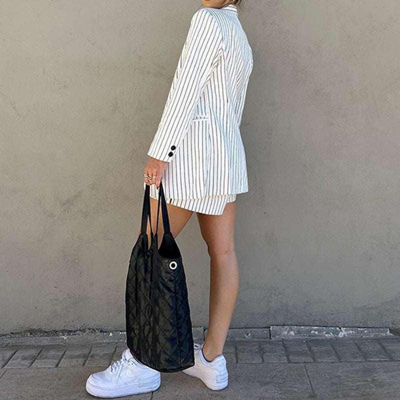 Autumn Women Fashionable Striped Long Sleeve Shorts Two Piece Set - Yara fashion  78316196 Autumn Women Fashionable Striped Long Sleeve Shorts Two Piece Set 