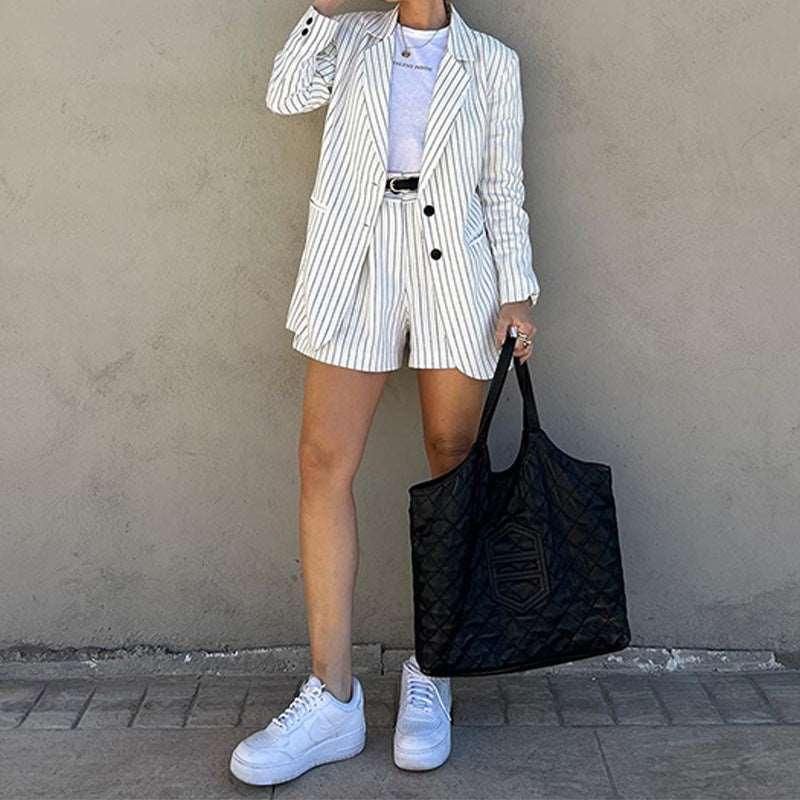 Autumn Women Fashionable Striped Long Sleeve Shorts Two Piece Set - Yara fashion  48491037 Autumn Women Fashionable Striped Long Sleeve Shorts Two Piece Set 