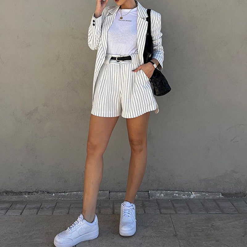 Autumn Women Fashionable Striped Long Sleeve Shorts Two Piece Set - Yara fashion  31514047 Autumn Women Fashionable Striped Long Sleeve Shorts Two Piece Set 