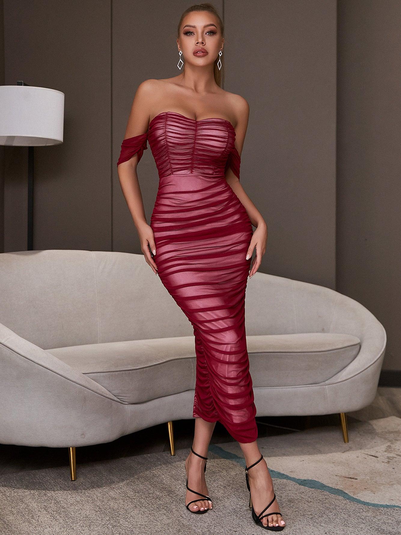 Bandeau One-Shoulder Tight Dress Women Sexy Wine Red Mesh Elegant Summer Evening Party Dress Maxi Dress - Yara fashion  14378237 Bandeau One-Shoulder Tight Dress Women Sexy Wine Red Mesh Elegant Summer Evening Party Dress Maxi Dress 