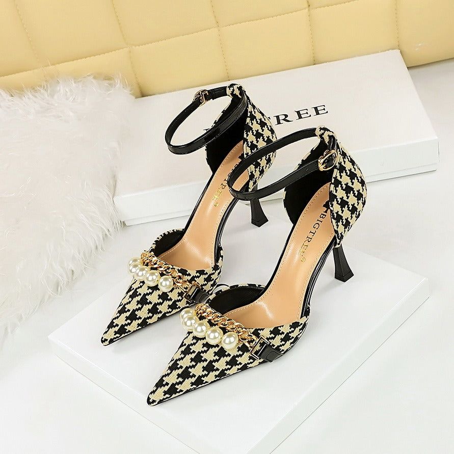 Banquet hollow high heels plaid houndstooth pearl metal chain strappy sandals - Yara fashion  85408437 Banquet hollow high heels plaid houndstooth pearl metal chain strappy sandals 