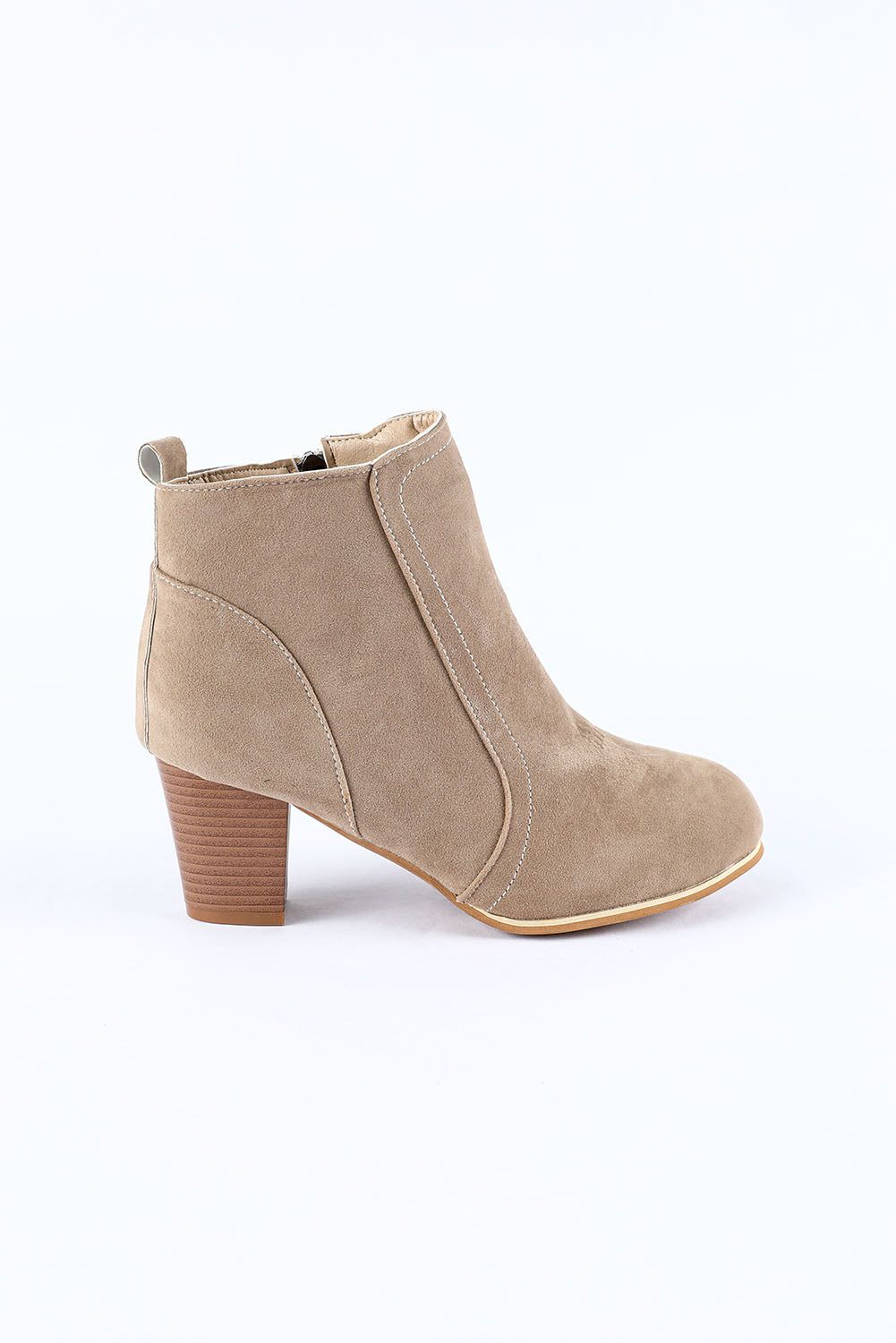 Beige Faux Suede Size Zip Heeled Booties - Yara fashion  61930573 Beige Faux Suede Size Zip Heeled Booties 