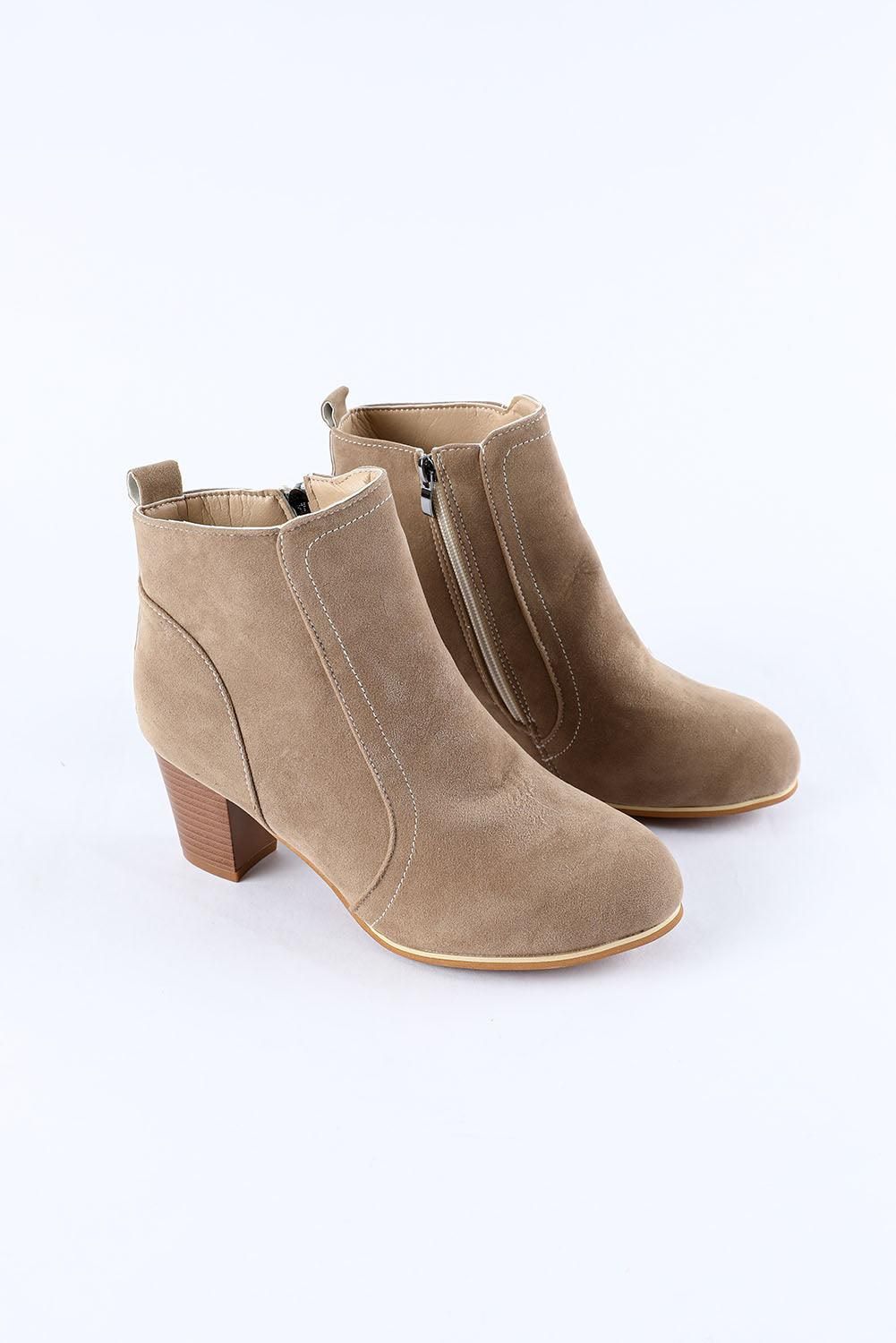 Beige Faux Suede Size Zip Heeled Booties - Yara fashion  94645152 Beige Faux Suede Size Zip Heeled Booties 