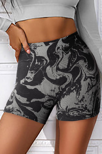 Black Abstract Print Ribbed High Waist Active Bottoms - Yara fashion  62511501 Black Abstract Print Ribbed High Waist Active Bottoms 