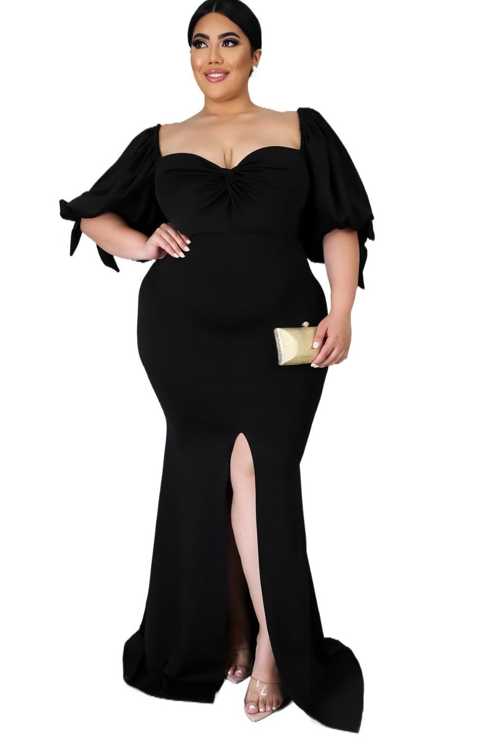 Black Bow Tie Puff Sleeve Plus Size High Slit Maxi Dress - Yara fashion  43299286 Black Bow Tie Puff Sleeve Plus Size High Slit Maxi Dress 