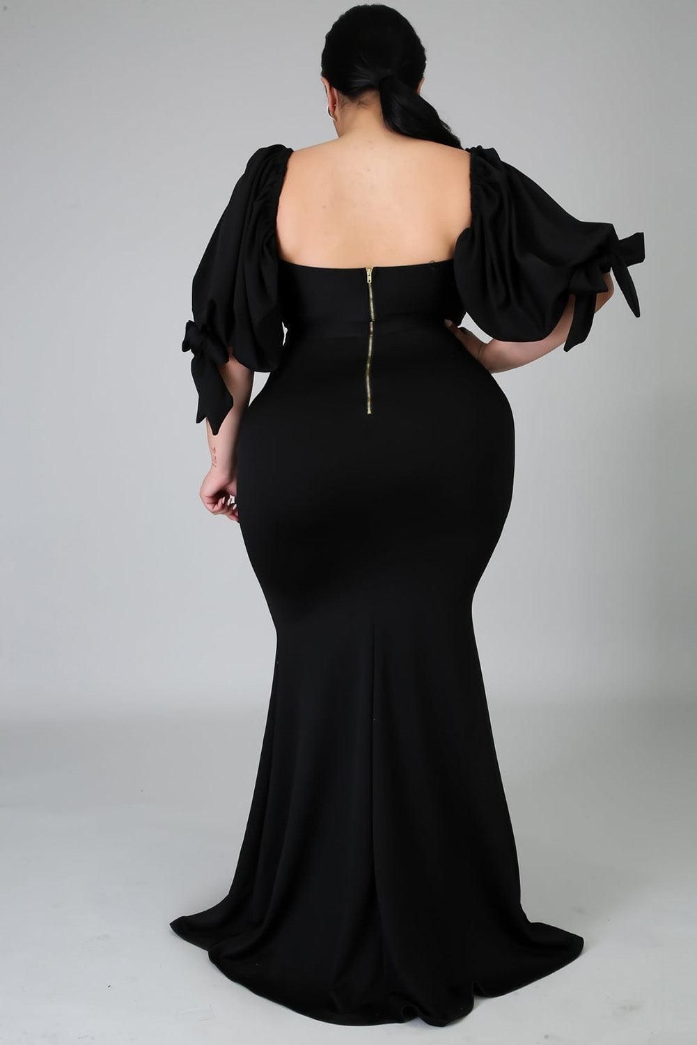 Black Bow Tie Puff Sleeve Plus Size High Slit Maxi Dress - Yara fashion  61446145 Black Bow Tie Puff Sleeve Plus Size High Slit Maxi Dress 