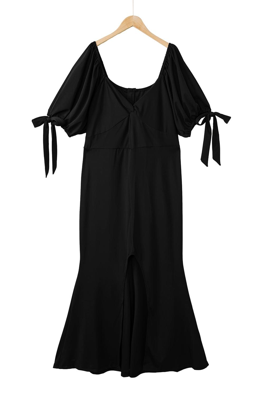 Black Bow Tie Puff Sleeve Plus Size High Slit Maxi Dress - Yara fashion  148008 Black Bow Tie Puff Sleeve Plus Size High Slit Maxi Dress 