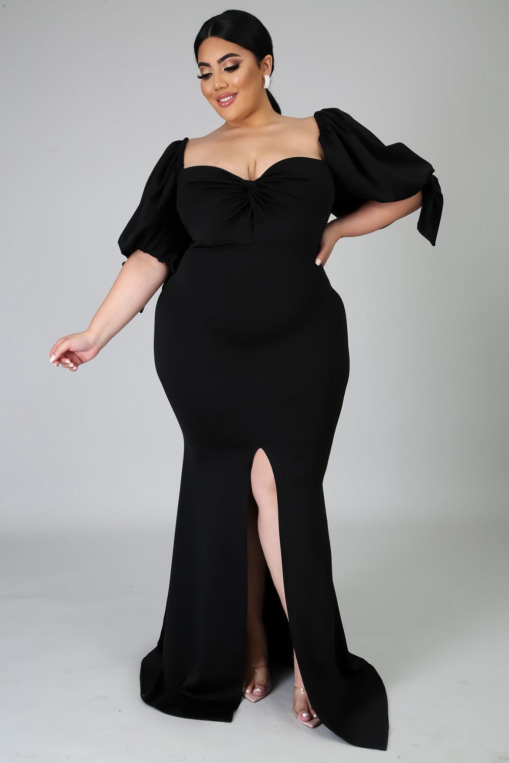 Black Bow Tie Puff Sleeve Plus Size High Slit Maxi Dress - Yara fashion  98639308 Black Bow Tie Puff Sleeve Plus Size High Slit Maxi Dress 