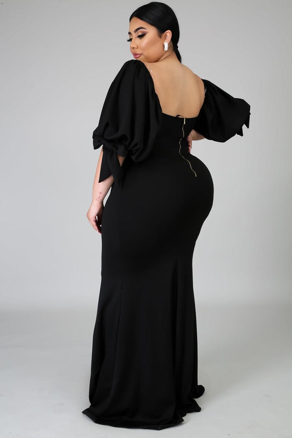 Black Bow Tie Puff Sleeve Plus Size High Slit Maxi Dress - Yara fashion  56465768 Black Bow Tie Puff Sleeve Plus Size High Slit Maxi Dress 