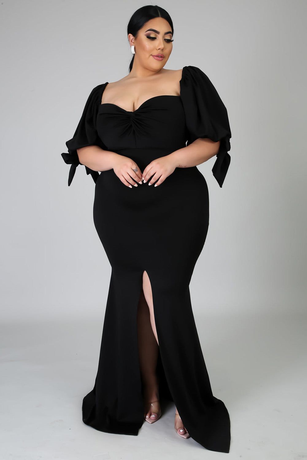 Black Bow Tie Puff Sleeve Plus Size High Slit Maxi Dress - Yara fashion  6895906 Black Bow Tie Puff Sleeve Plus Size High Slit Maxi Dress 