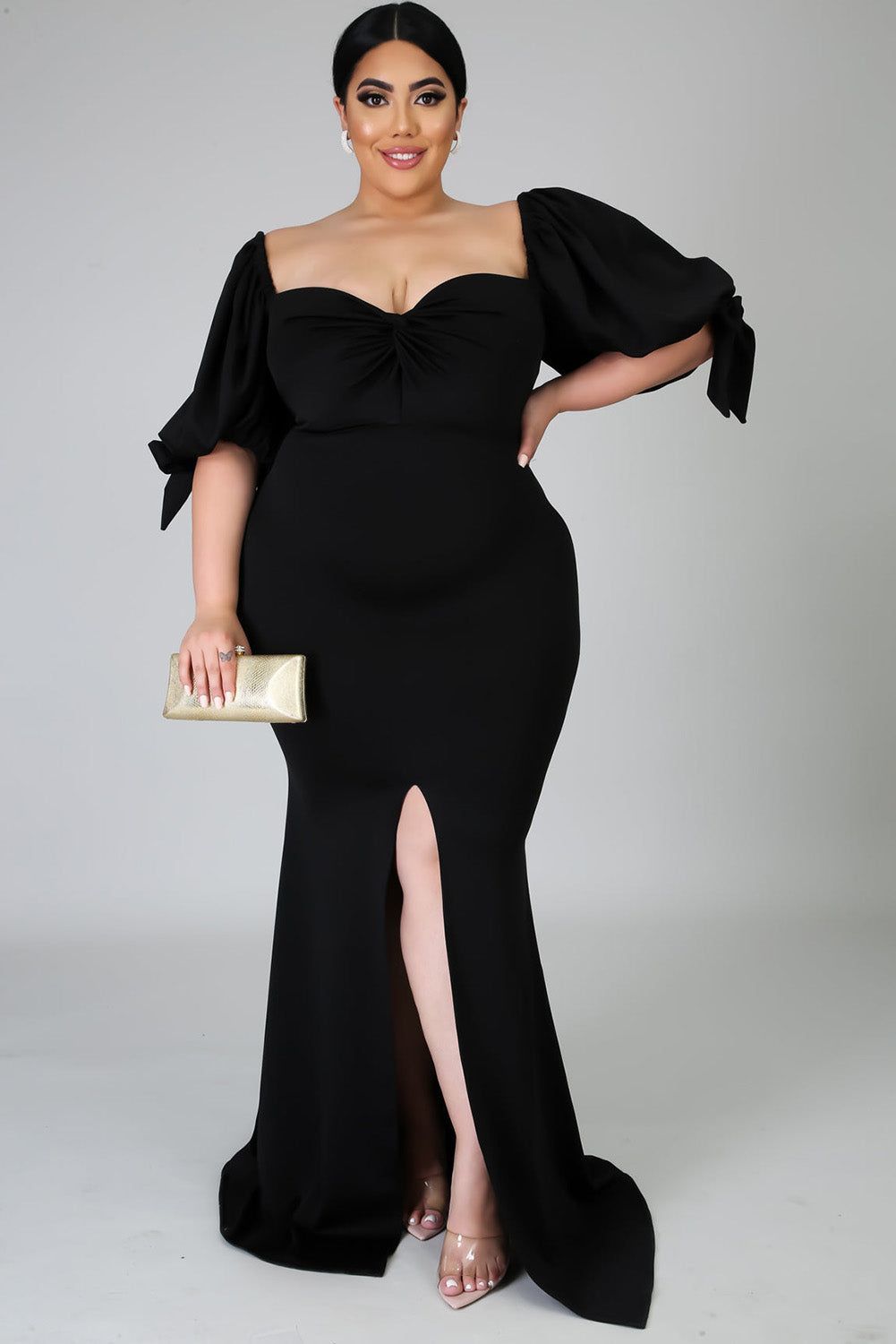 Black Bow Tie Puff Sleeve Plus Size High Slit Maxi Dress - Yara fashion  66591181 Black Bow Tie Puff Sleeve Plus Size High Slit Maxi Dress 