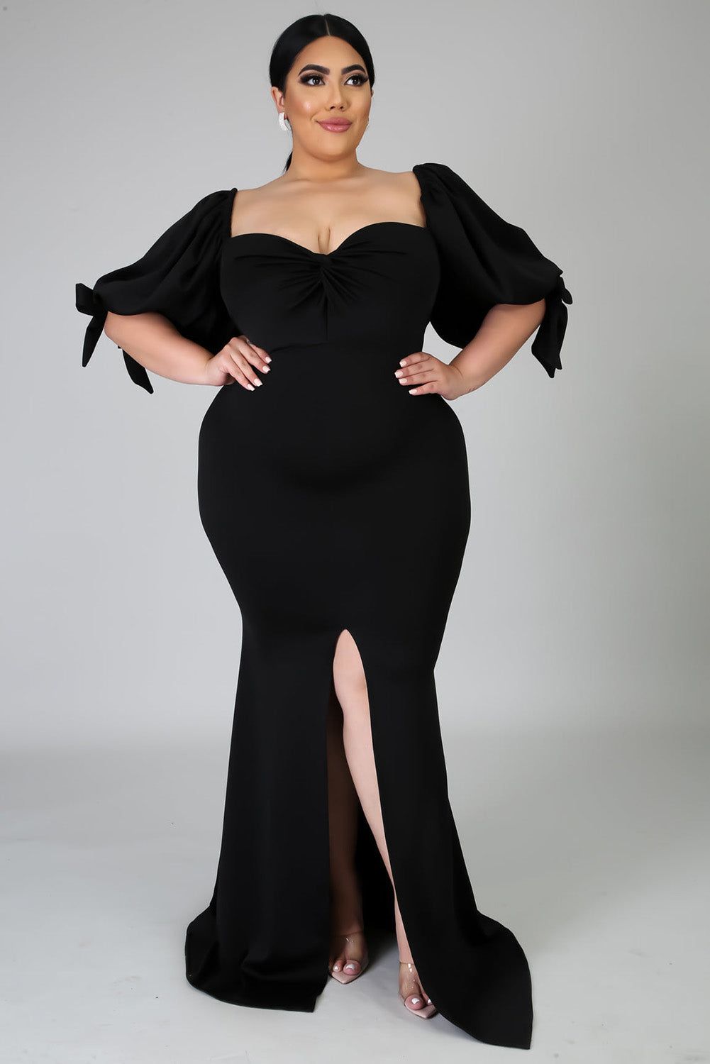 Black Bow Tie Puff Sleeve Plus Size High Slit Maxi Dress - Yara fashion  70839465 Black Bow Tie Puff Sleeve Plus Size High Slit Maxi Dress 