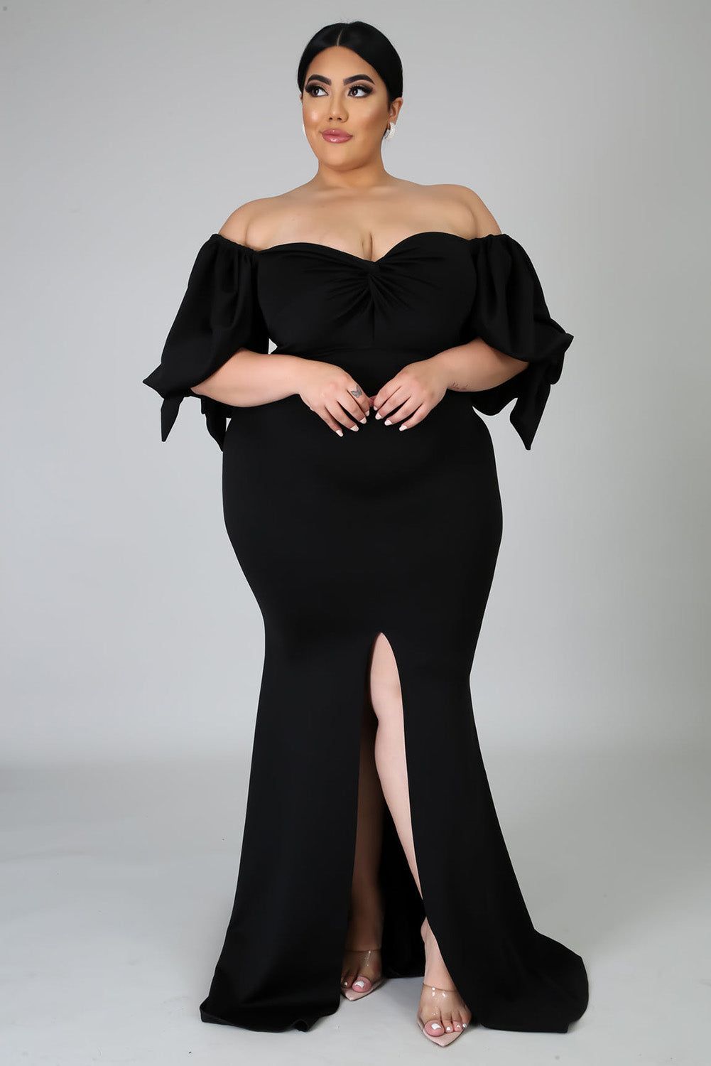 Black Bow Tie Puff Sleeve Plus Size High Slit Maxi Dress - Yara fashion  78712569 Black Bow Tie Puff Sleeve Plus Size High Slit Maxi Dress 