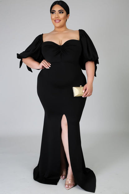 Black Bow Tie Puff Sleeve Plus Size High Slit Maxi Dress - Yara fashion  76819822 Black Bow Tie Puff Sleeve Plus Size High Slit Maxi Dress 