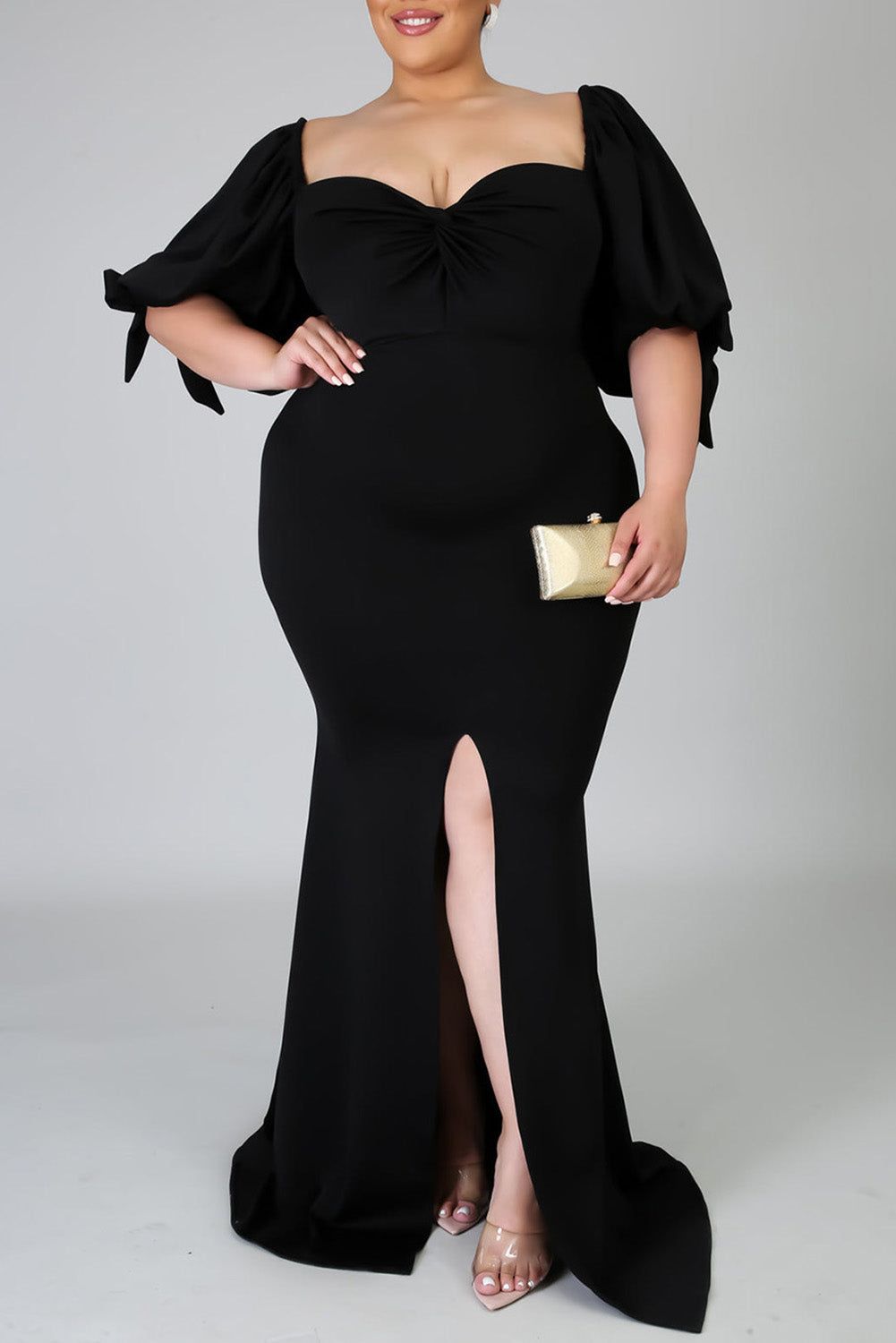 Black Bow Tie Puff Sleeve Plus Size High Slit Maxi Dress - Yara fashion  51184713 Black Bow Tie Puff Sleeve Plus Size High Slit Maxi Dress 