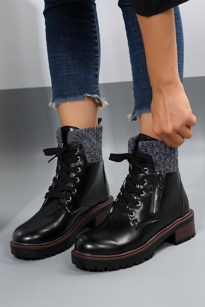 Black Knitted Patched Lace Up Heeled Ankle Boots - Yara fashion  96235889 Black Knitted Patched Lace Up Heeled Ankle Boots 