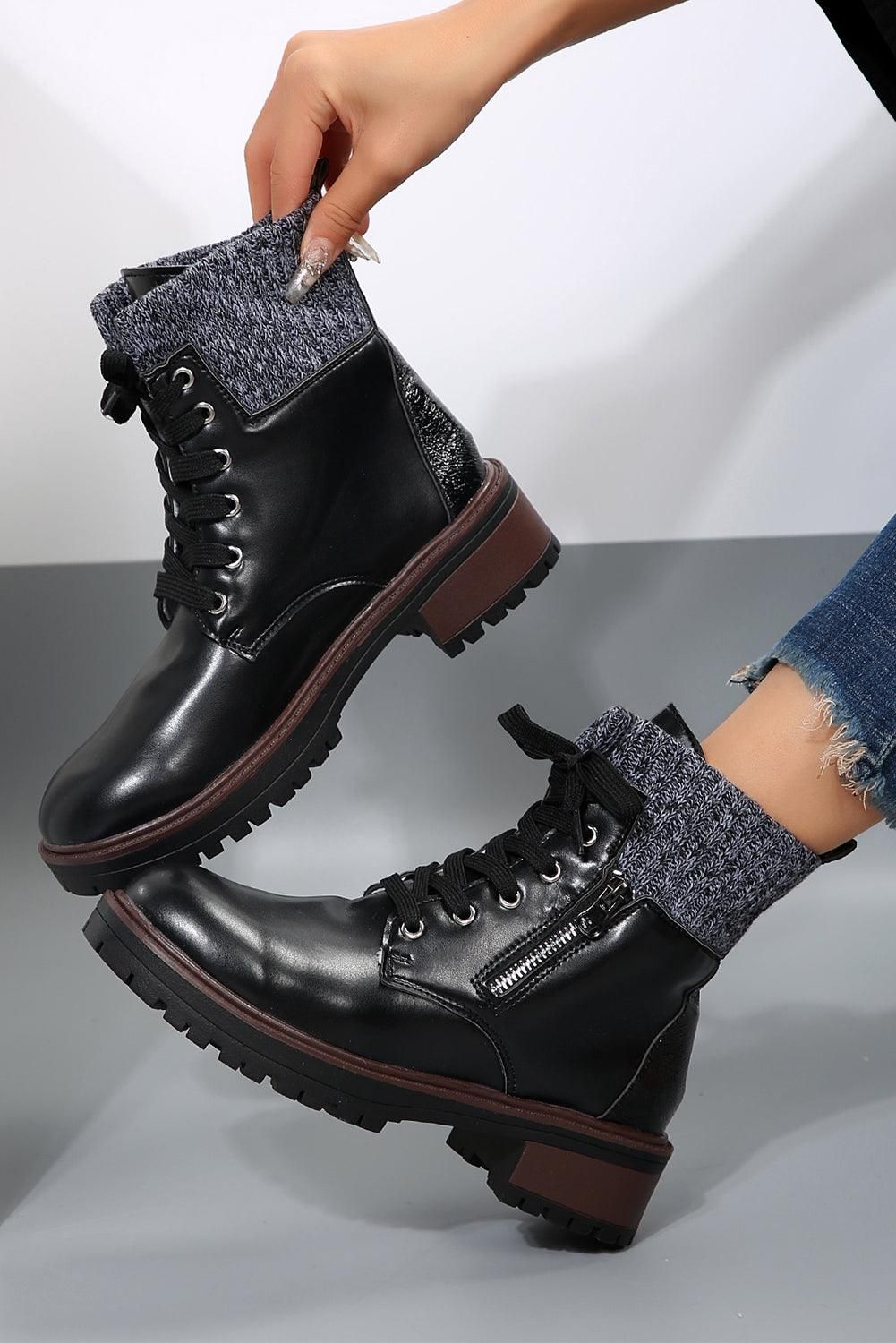 Black Knitted Patched Lace Up Heeled Ankle Boots - Yara fashion  37088007 Black Knitted Patched Lace Up Heeled Ankle Boots 