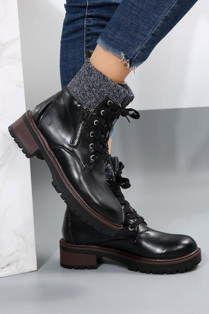 Black Knitted Patched Lace Up Heeled Ankle Boots - Yara fashion  17363894 Black Knitted Patched Lace Up Heeled Ankle Boots 